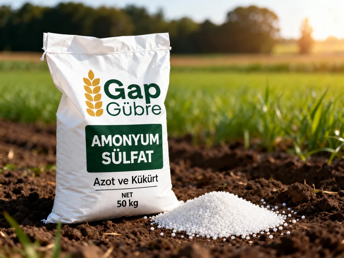 GAP Gübre Ammonium Sulfate packaging marked NET 50 kg and pale fertilizer grains in front of a green field
